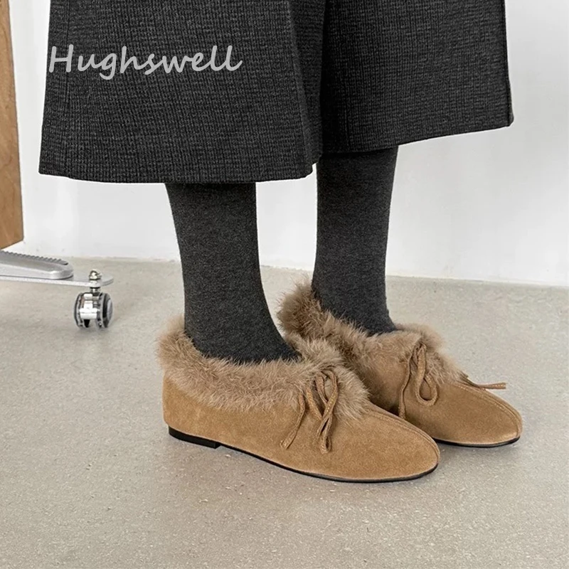 

Real Fur Short Boots Woman Bowknot Design Warm Plush Loafers Ladies Winter Fluffy Flat Moccasin Shoes Fashion Cotton Zapatos
