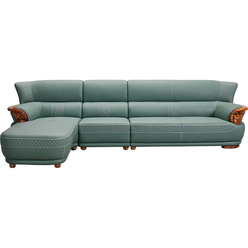 

Black gold wood leather sofa solid wood sofa top layer cowhide modern simple new Chinese living room furniture villa set