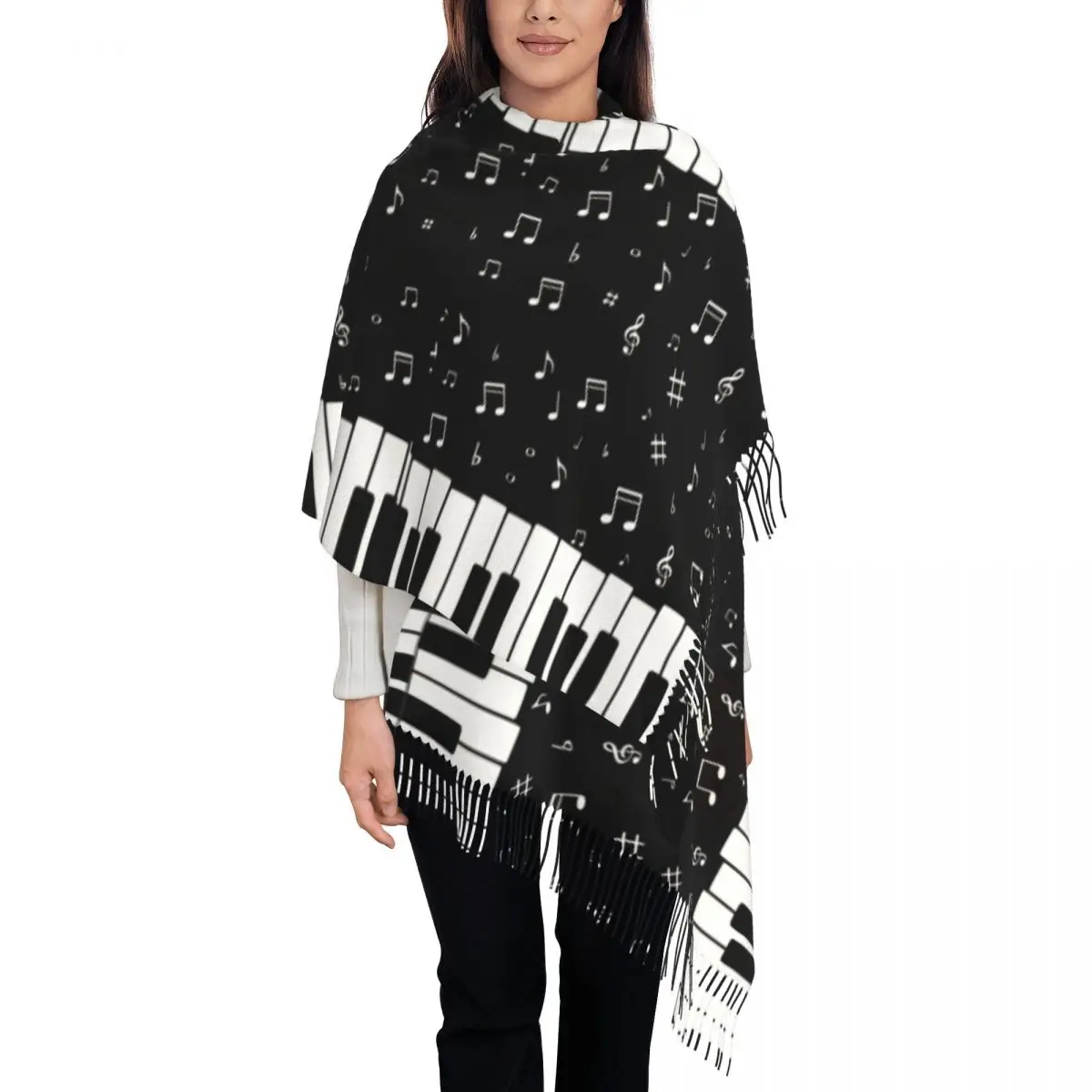 Piano Music Note Art Scarf for Womens Winter Fall Pashmina Shawls and Wrap Large Scarves with Tassel Ladies