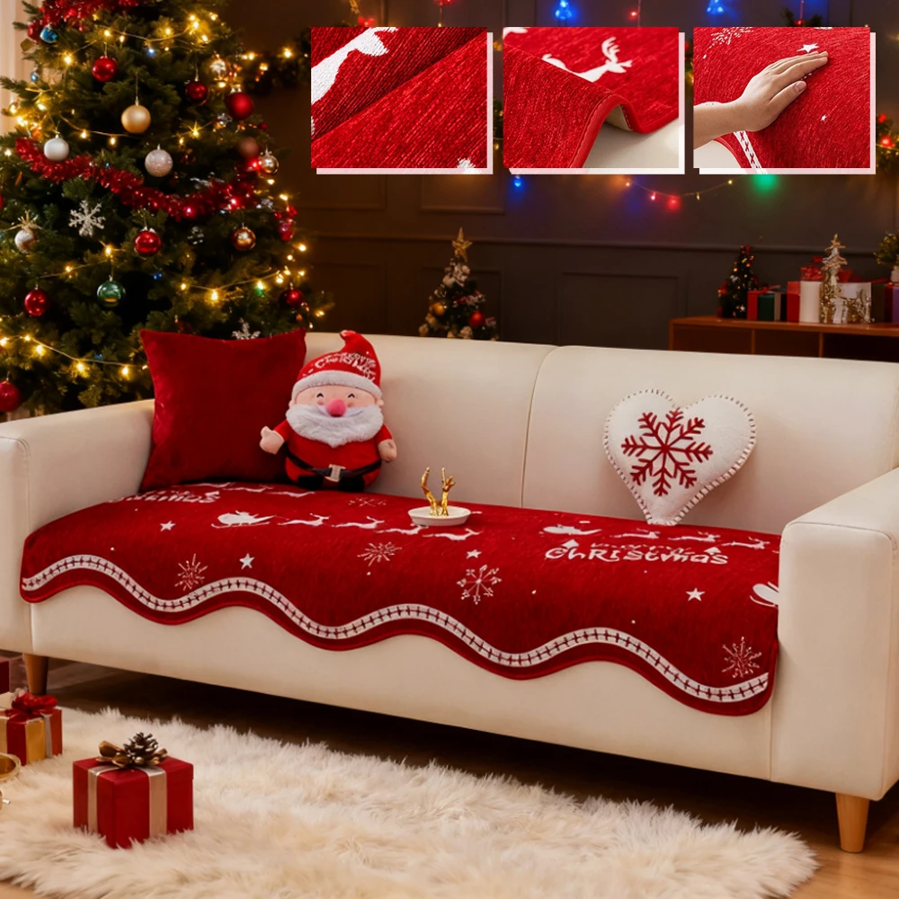 Christmas Sofa Cover Chenier Fabric Anti Slip Red Festive Sofa Cover Suitable for All Seasons Machine Washable and Not Deformed