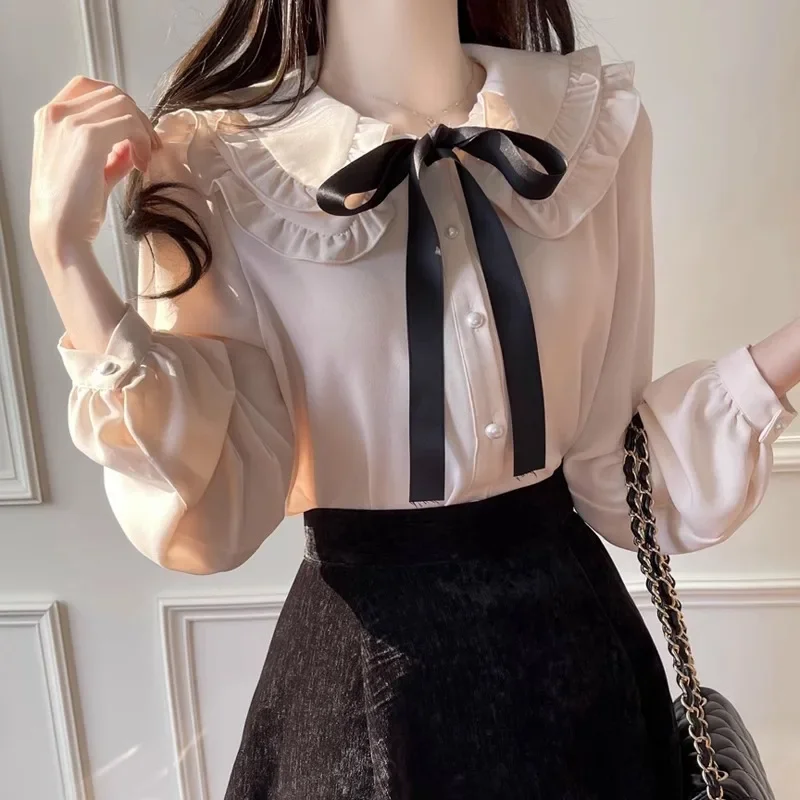 Gagarich Women Fashion Doll Collar Chiffon Shirt Long Sleeve Foreign Style Autumn Winter New Bow Design Fairy Top Blouse