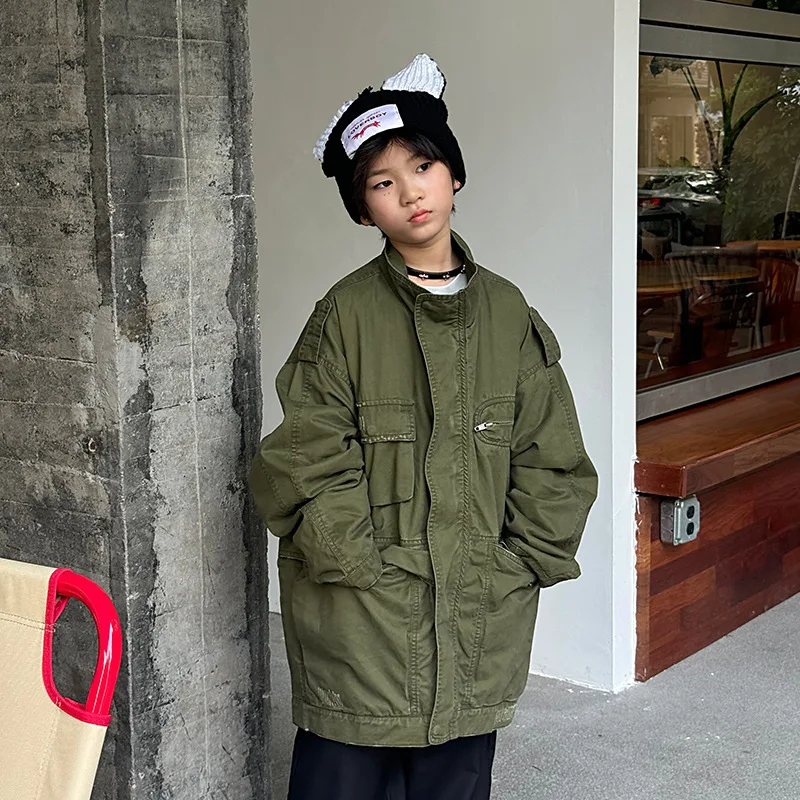 

2025 Autumn New Children's Washed Cotton Cool Street Style Mid Length Solid Color Workwear Jacket