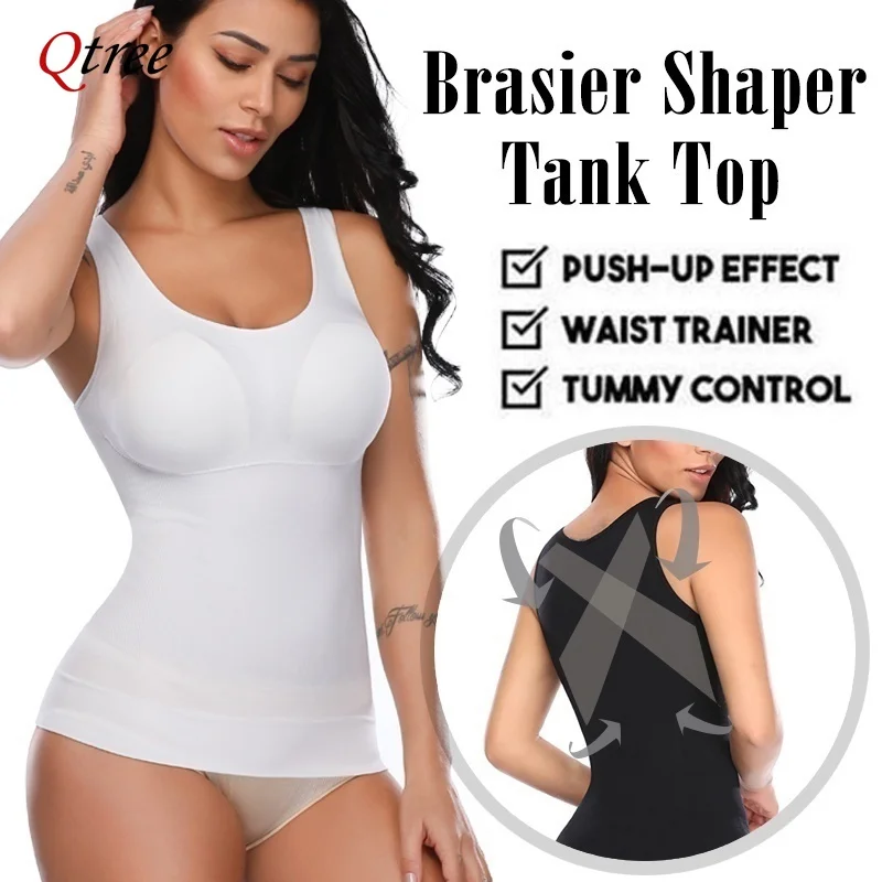 Qtree Women Tummy Control Shapewear Classic 2-IN-1 with Padded Bra High Elastic Strench Vest Body Shaper Slimming Up Lift Corset