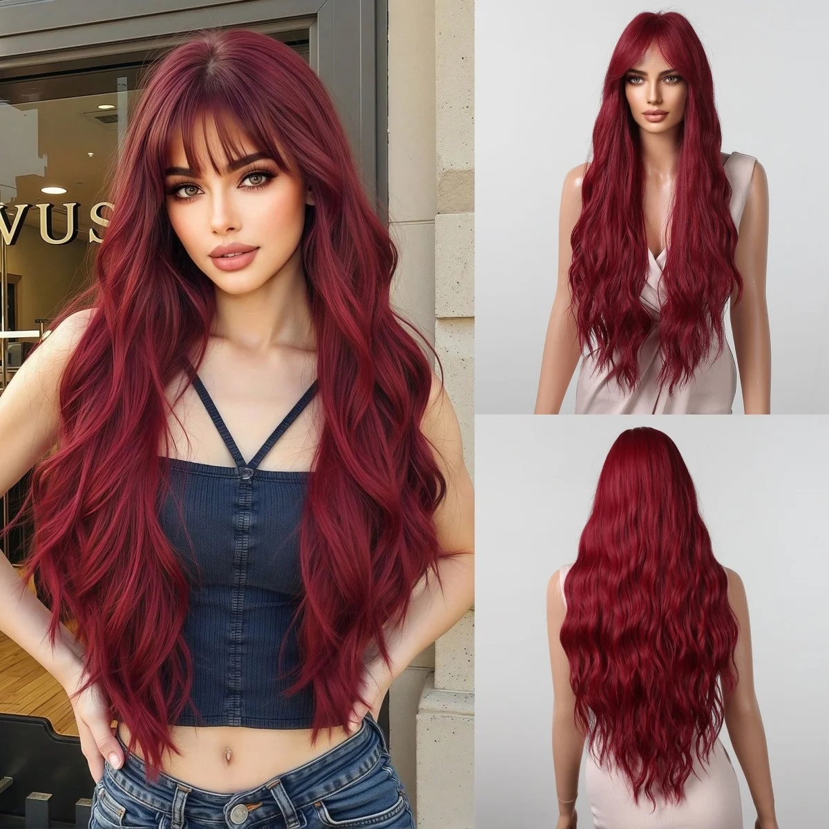 

Wavy Red Synthetic Long Wigs Party Daily Natural Hair Wigs With Bangs Cosplay Helloween Wig for Women Use Heat Resistant Fibe