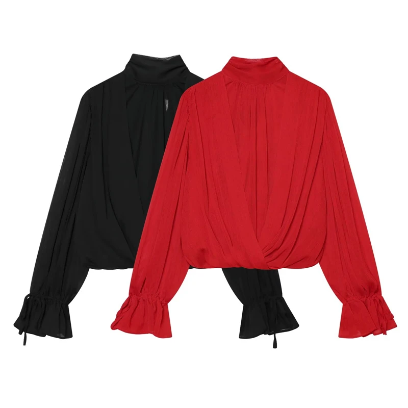 Women's high-neck twisted wrap short chiffon blouse, long bell sleeves with tie cuffs, elegant top for office and street style