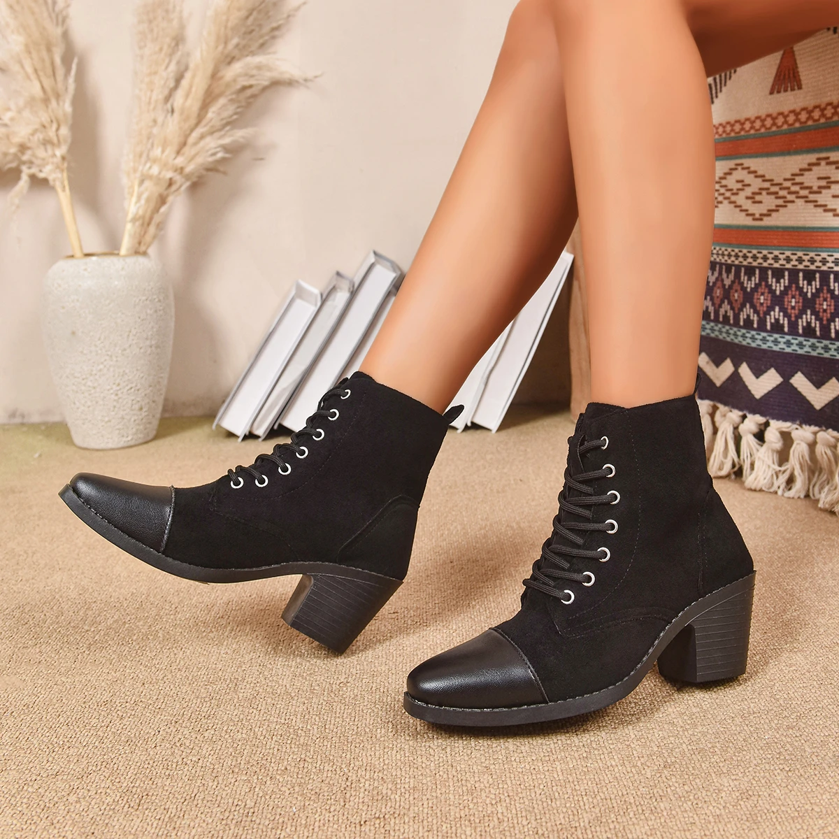 

Ботильоны унисекс, осенние женские ботильоны на каблуке 6,5 см, ботинки в стиле ретро из искусственной замши на шнуровке в стиле вестерн, уличные модные ботинки для инструментов