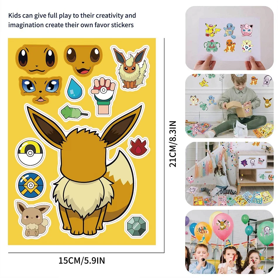 12Sheets Children DIY Puzzle Sticker Pokemon Face Funny Anime Pikachu Assemble Stickers Kids Toys Boys Girls Gifts