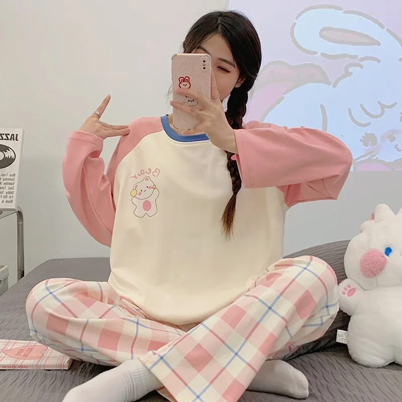 2024 New Cotton Cute Cartoon Pajamas Women Spring Autumn Sleepwear Long Sleeves Round Collar Loungewear Loose Homewear Suit