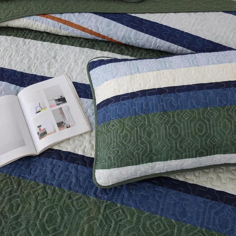 Boho Bedspread Queen Size Lightweight Soft Olive Green Blue Striped Bedding Set with 2 Pillow Shams 96x90 Ideal for Modern Livi