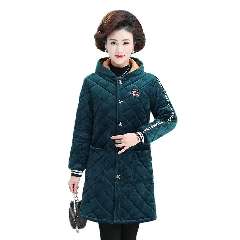 

Winter Mid-Long Cotton Coat Women 2023 New Fashion Thicken Loose Pure Colour Pocket Button Hooded Outerwear Overcoat Female