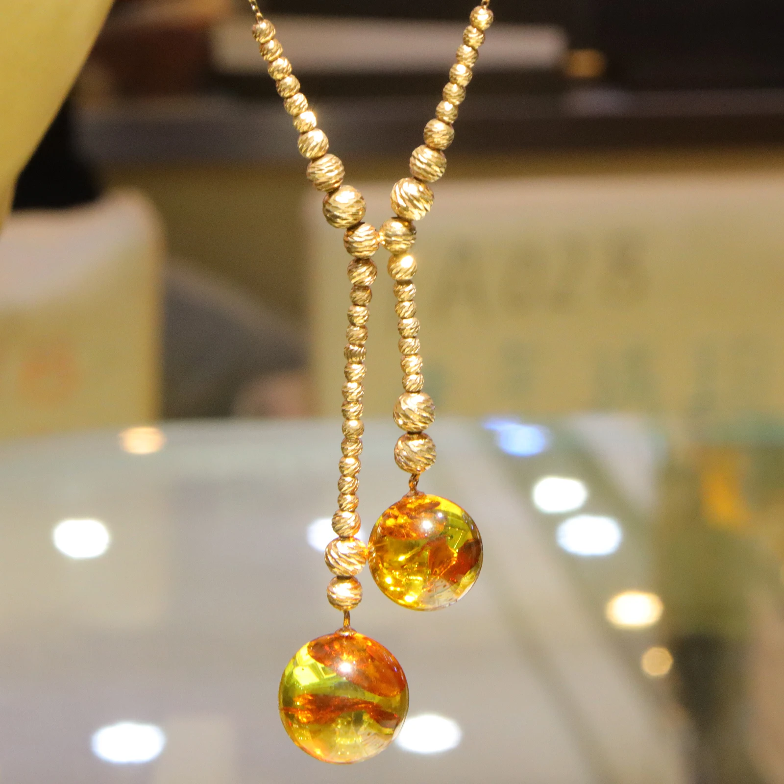 

Natural Blue Amber Pendant Necklace for Women, Floral 18K Gold Plated Double Layer Chain 925 Sterling Silver Jewelry Gift