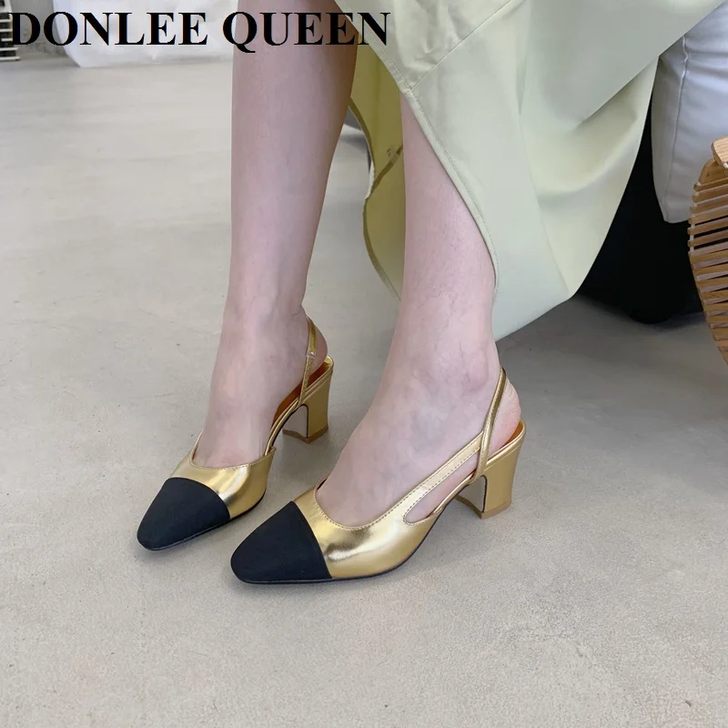 Classic Elegant Mixed Color Slingback Sandals Women Elastic Band Back Strap Heel Pumps Brand Design Shoes Mule Dress Party Mujer