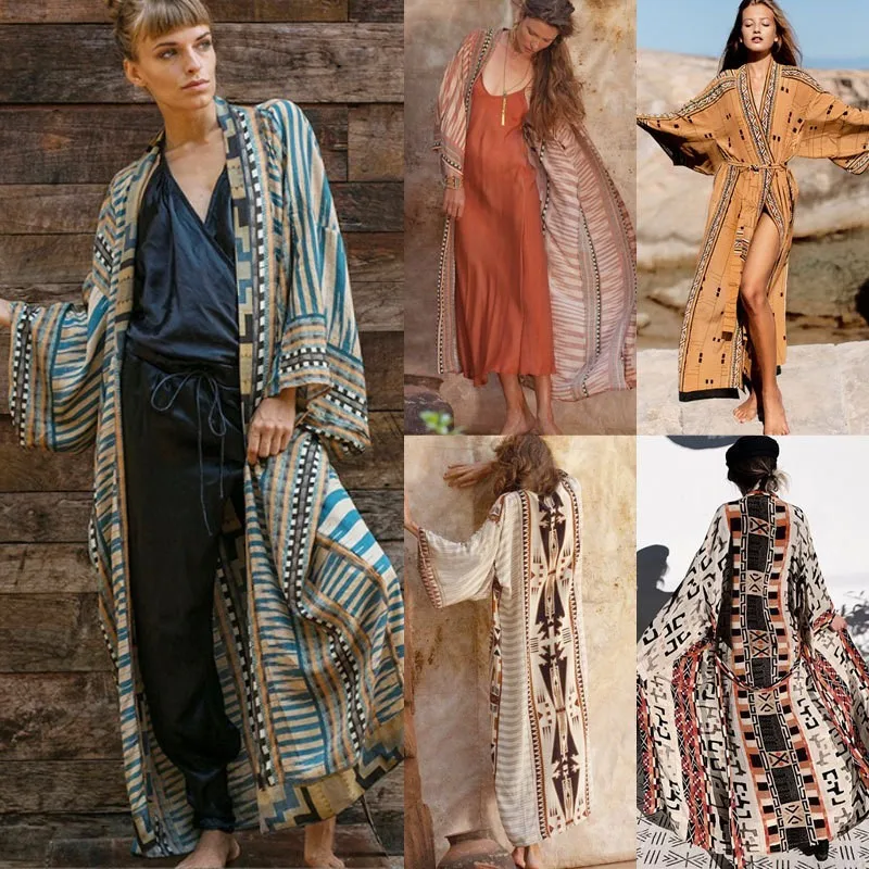 

2023 Women Swimsuit Beach Bohemian dress Sleeve Kaftan Beach Tunic Long Bikinis Cover ups Summer Robe Plage Beachwear