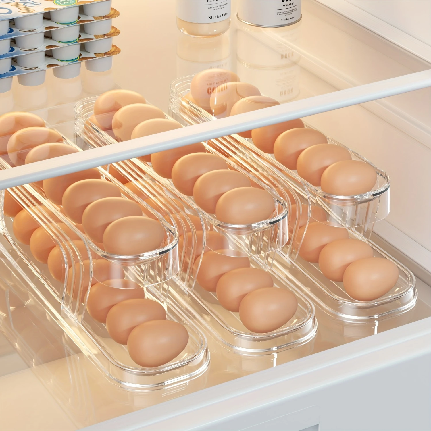 Automatic Rolling Egg Dispenser, Double Layer Egg  Organizer, Clear Plastic Refrigerator Egg Holder with Lid, Food Contact Safe,