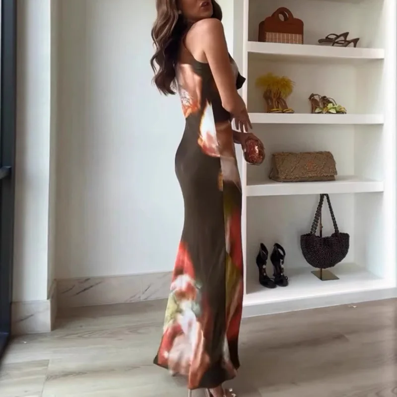 Robe de soirée Sexy, taille haute, col oscillant, imprimé Retros, sans manches, longue, écharpe, élégante, dos nu, moulante