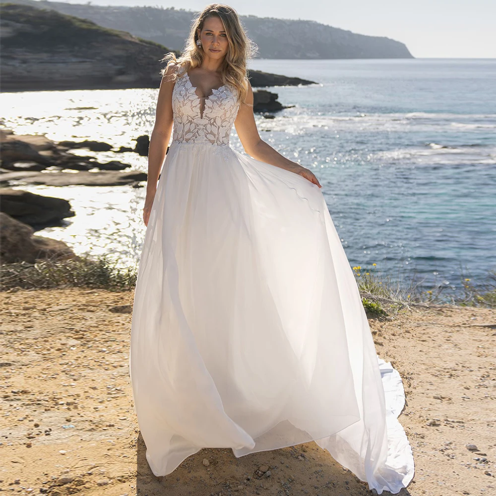 

High Quality Customized Chiffon Beach Wedding Dress 2026 Women Lace V-Neck Sweep Train Sleeveless Bridal Gowns Vestido De Novia