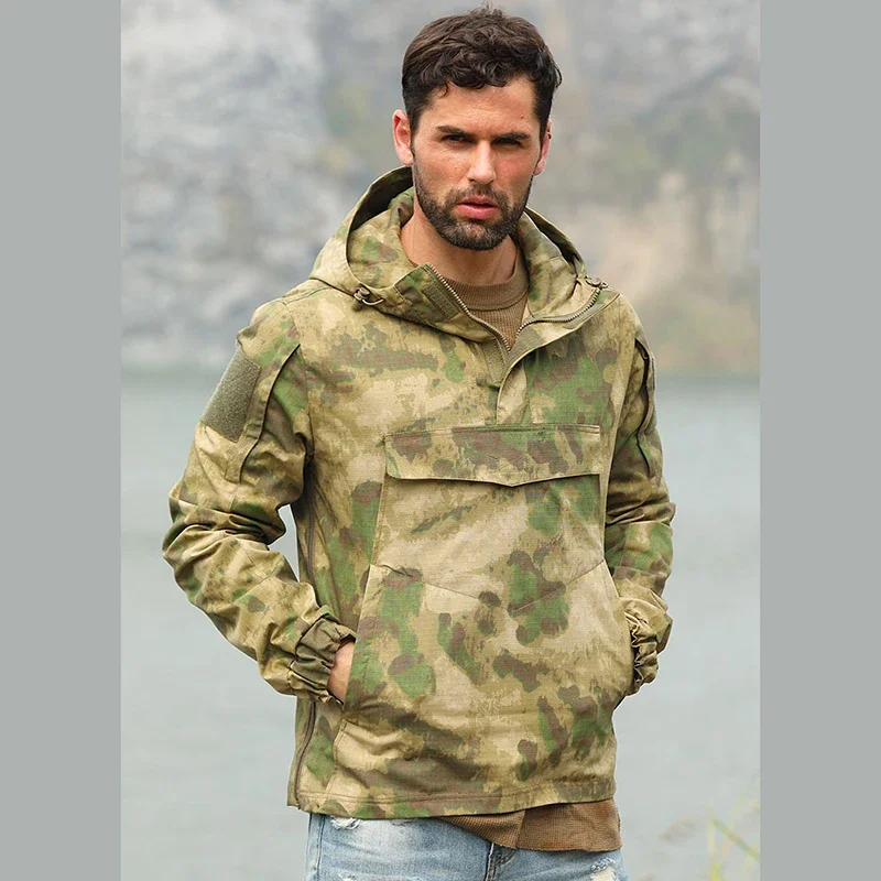 Hooded Combat Windbreaker Mens Quick Drying Wear-resistant Elastic Hunting Pullover Big Pocket Camouflage Tactical Jacket