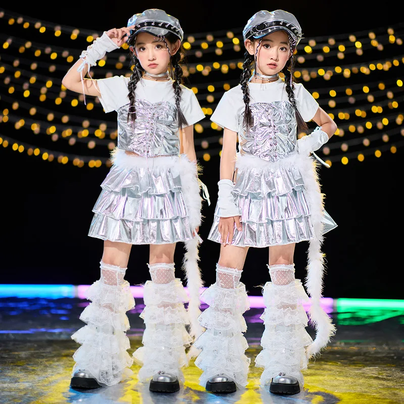 

Kid Kpop Hip Hop Clothing White Front Lace up Crop T Shirt Top Silver Layered Pleated Skirt for Girl Jazz Dance Costume Clothes