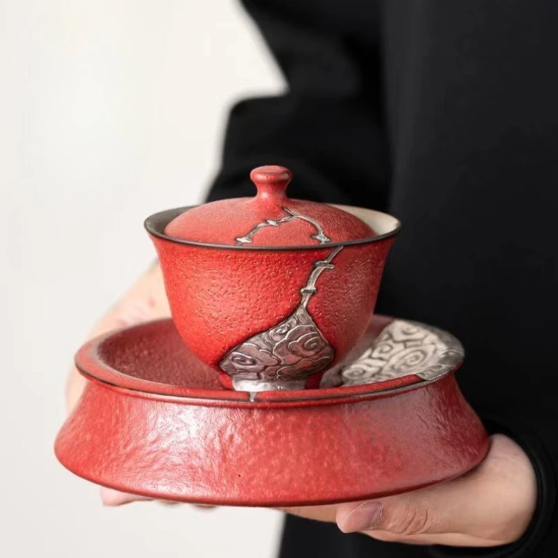 

Hawthorn Red Auspicious Cloud Cover Bowl, Chinese Retro Ceramic Ercai Cover Bowl, Household Kung Fu Tea Brewing Bowl