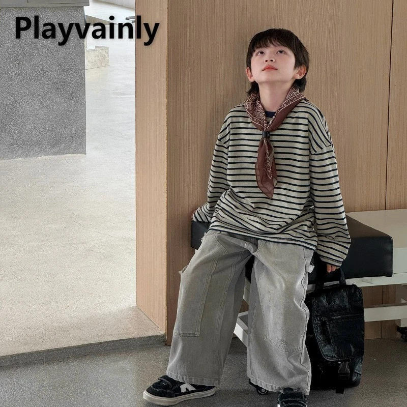 

Boys' Spring Autumn Korean Style Stripe T-shirt Long Sleeve O-neck Distressed Casual Pullover Sweatshirts Children Clothes A5001