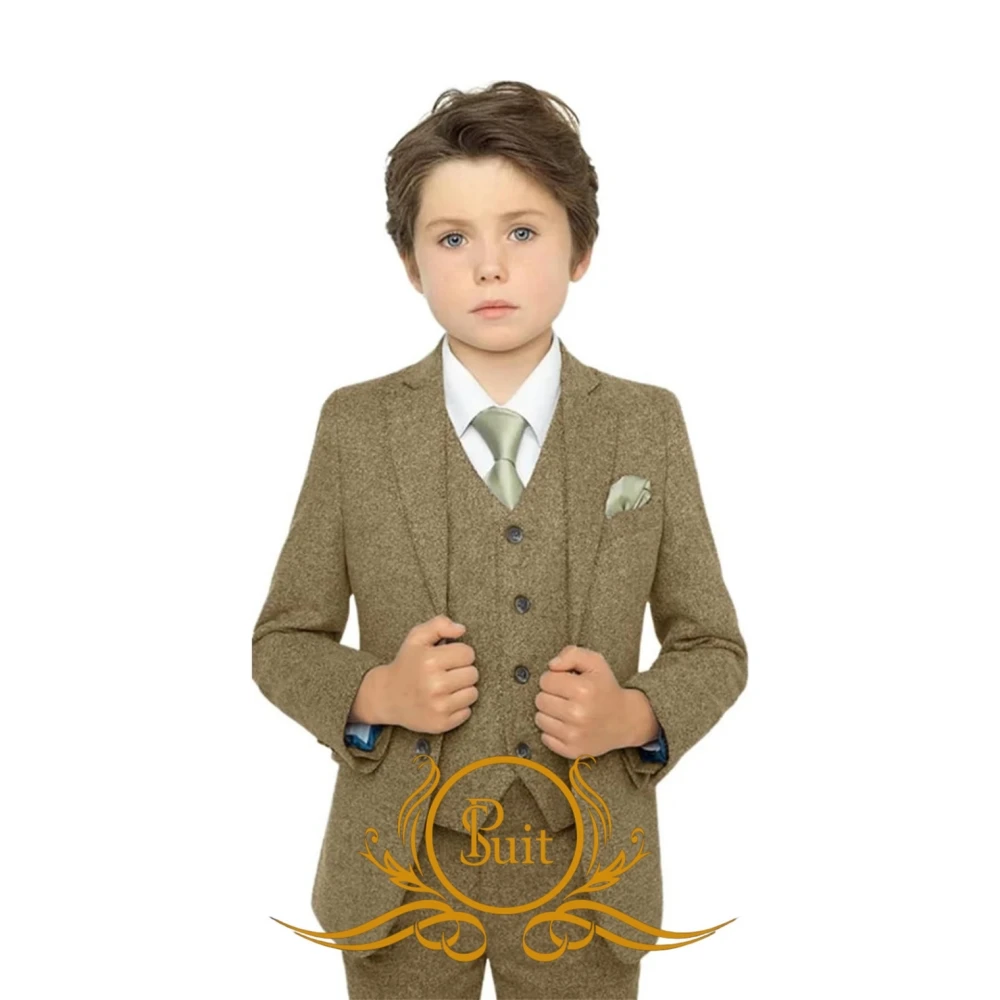 Formal Herringbone Boys Suit 3 Pieces Kids Tuxedo Wedding Dinner Party Slim Fit Jacket Vest Pants Set Tweed Blazer Suits