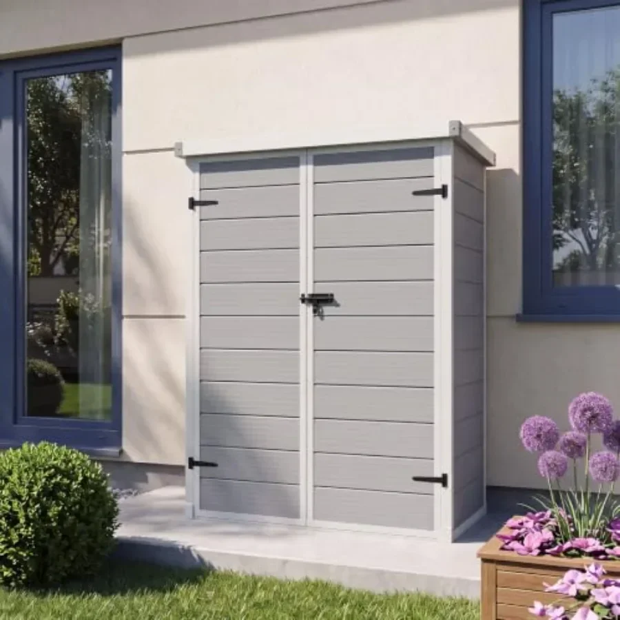 Outdoor Tall Storage Shed for Yard Supplies, Plastic Material, Gray Color, 55 Cuft Capacity with Floor and Lockable Doors