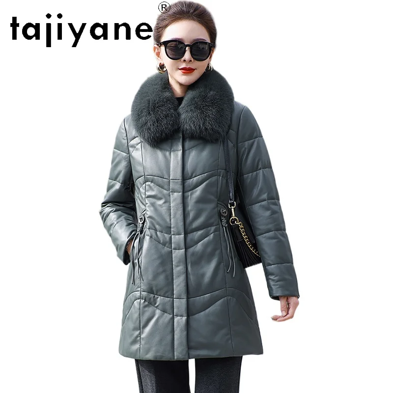 TAJIYANE Real Sheepskin Duck Down Coat Women Chic Green Genuine Leather Jacket Fox Fur Collar Coats Winter Woman Clothes 2025 코트