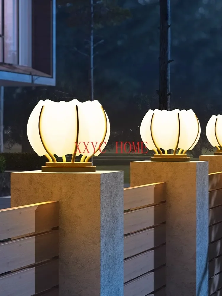 Outdoor impermeável Solar Lotus Pillar Lamp, Lâmpada moderna jardim, Villa Gate Wall