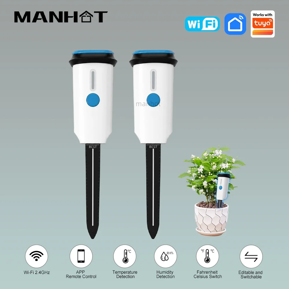 Manhot WIFI Soil Sensor Moisture Temperature And Humidity Detection Outdoor Waterproof Work with Tuya Smart Life Remote Control