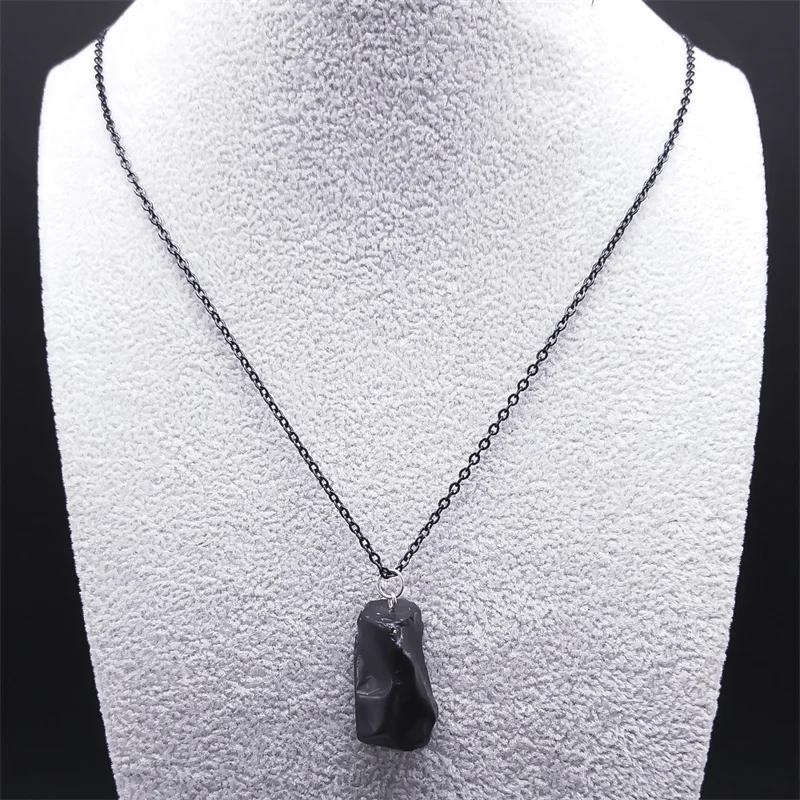 Black Obsidian Irregular Natural Stone Necklace Boho Stainless Steel Black Sweater Chain Fashion  Necklaces Lucky Jewelry NDD16