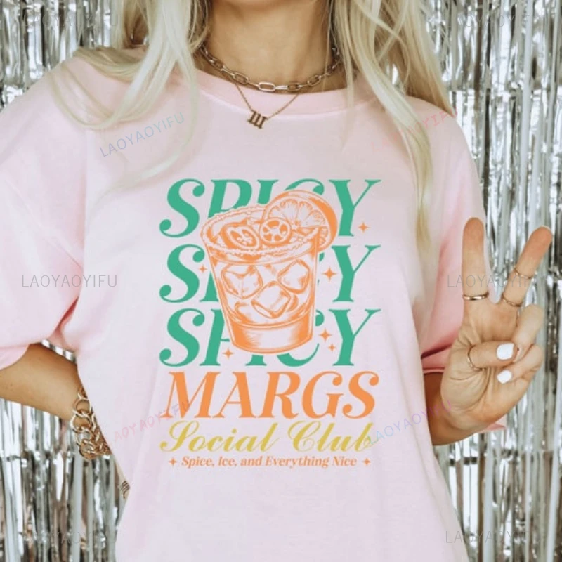 Spicy Margarita Social Club Vibes Cocktail Collection Woman Graphic T-Shirt Summer Disco Fashion Party Cotton Adult Adult Tops