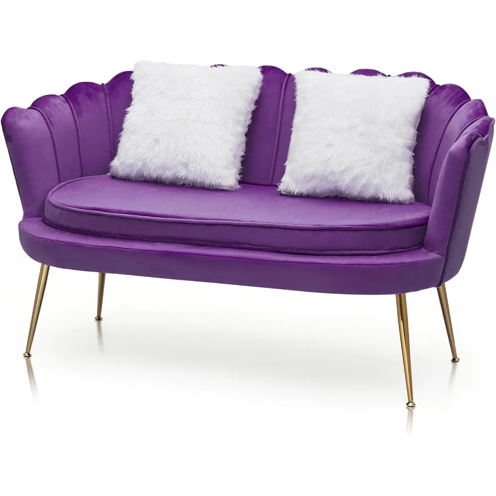 

Purple Velvet Couch Tufted Loveseat with 2 Pillows, Velvet Love Seat Accent Chair, Modern Scalloped Back Upholestered Armchair