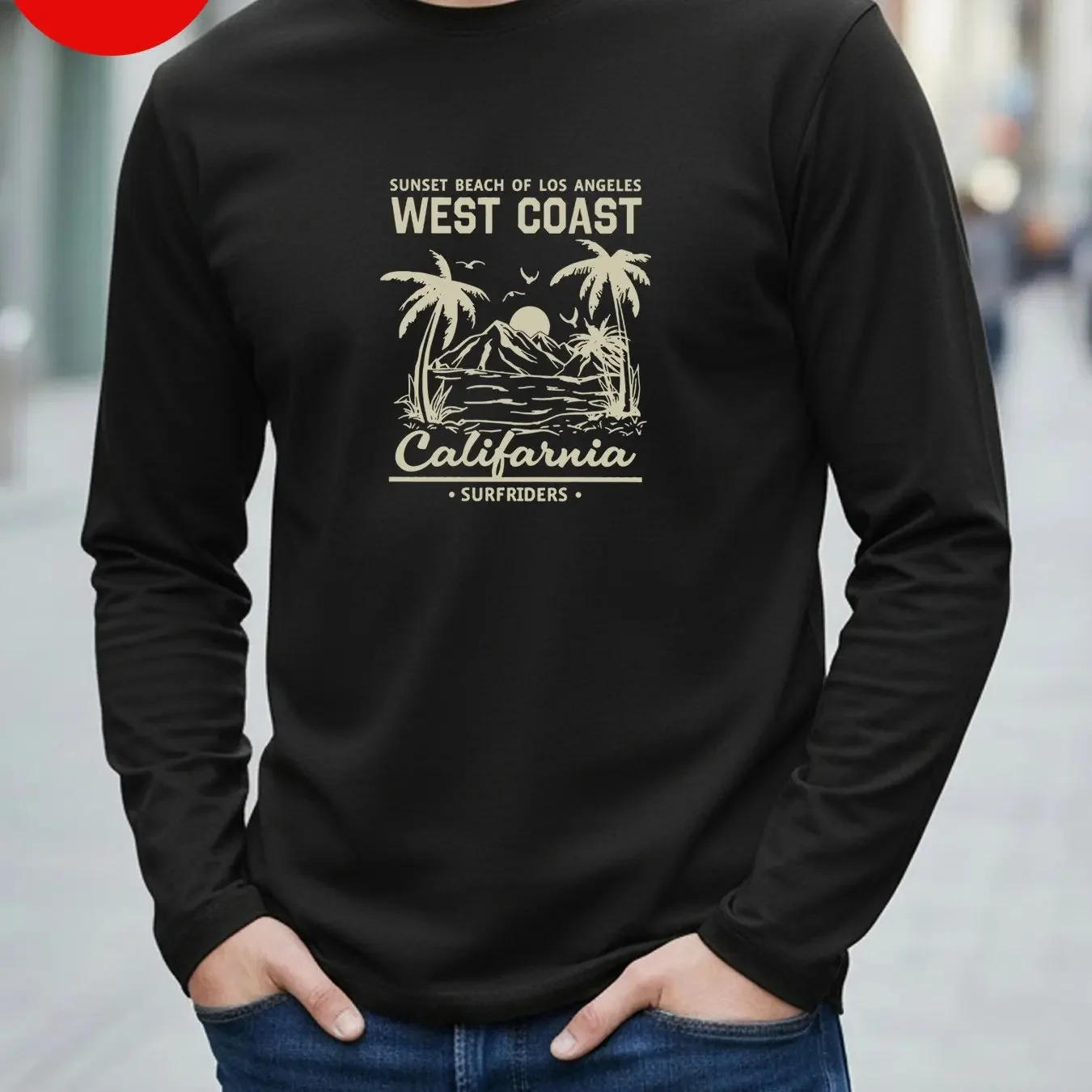 2026 Men's 100_ Pure Cotton Loose Fit Comfortable Sports and Leisure West Coast Printed Round Neck Long Sleeved T-shirt