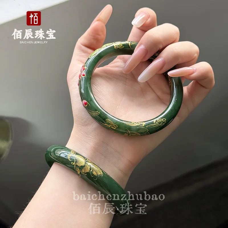 Natural Hetian , Jadeite Jewelry, New Chinese Style, Ancient Gold Painting, Gilt Enamel, Carved Jade Bracelet