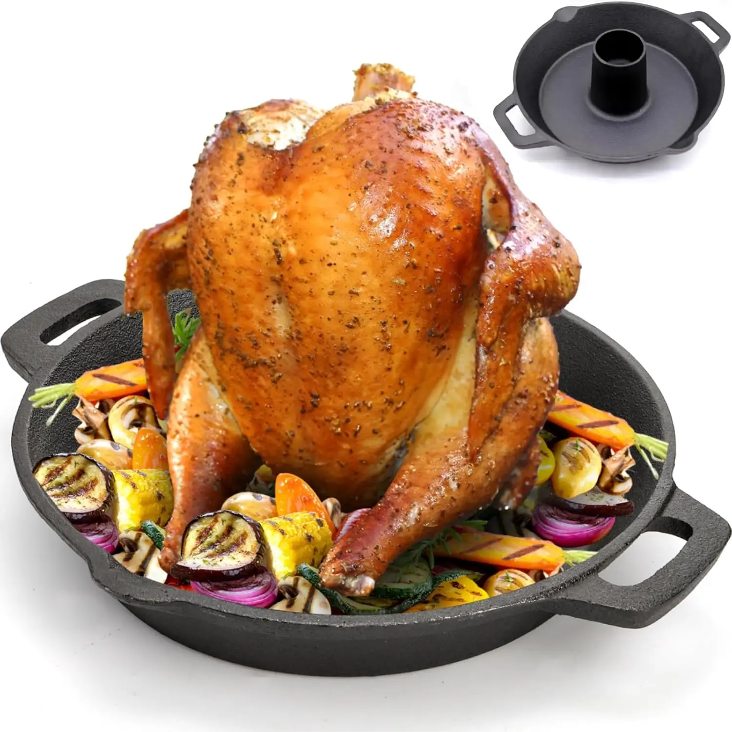 

Cast Iron Chicken Roaster, Beer Can Chicken Holder Turkey Fryer with Roasting Pan, Poultry Roaster Stand Barbecue Grilling