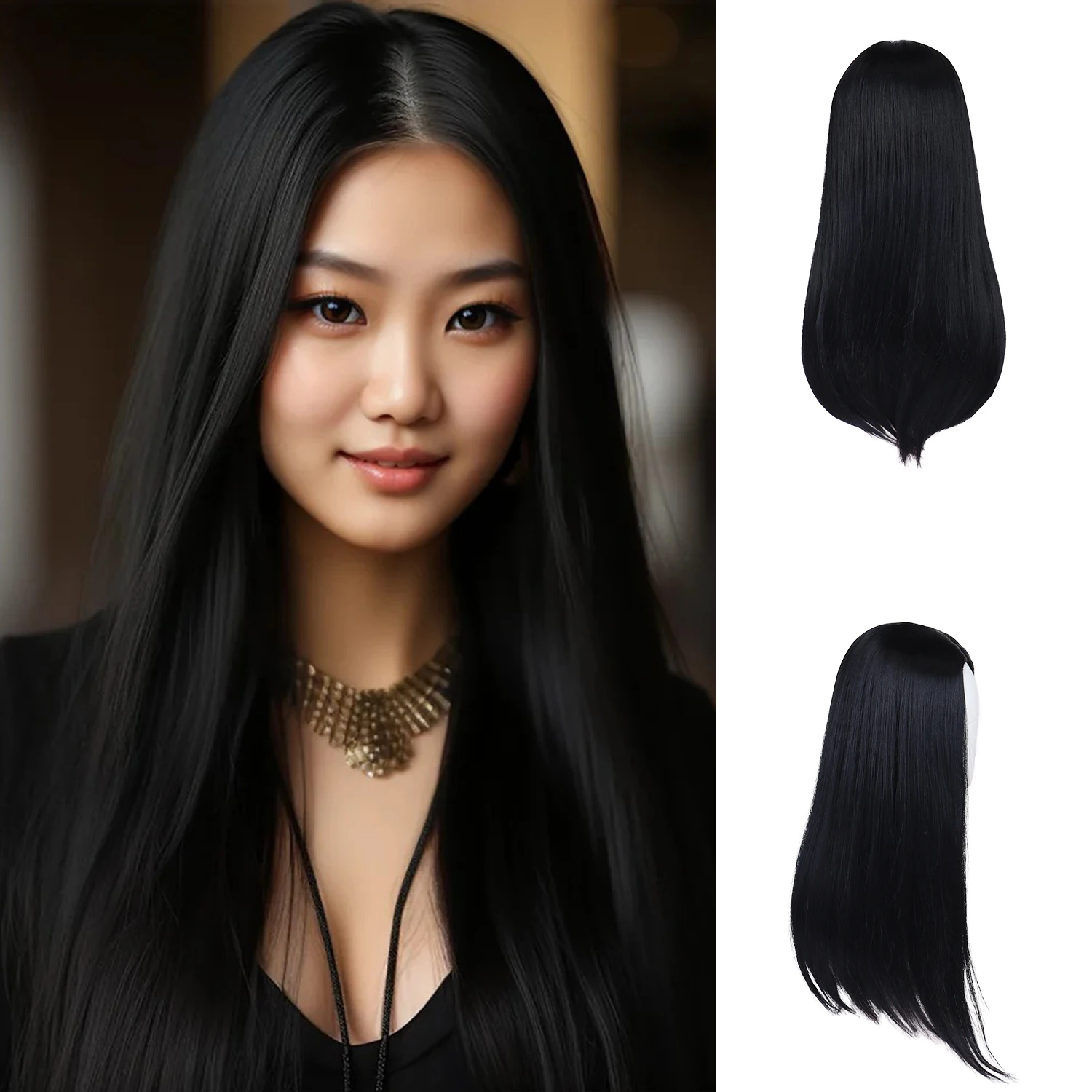 

Длинный черный прямой парик для женщин, средняя часть, синтетические термостойкие натуральные волосы для повседневного костюма на Хэллоуин, полностью черные парики