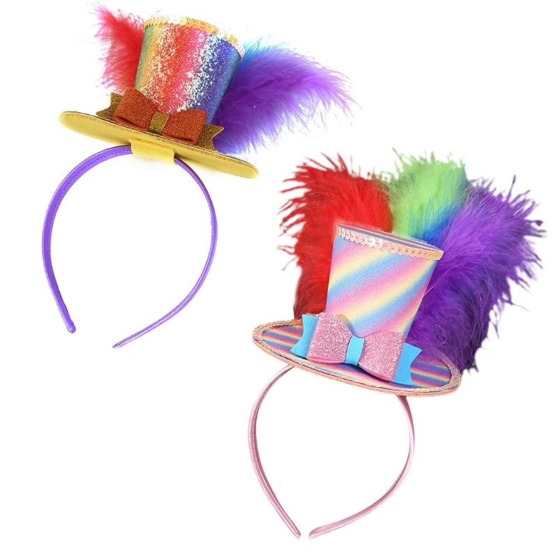 652F Fun Costume Hairband with Sequins Feathers Stylish Party Flat Top Hat Headband Halloween Party Dress Up Props Headband