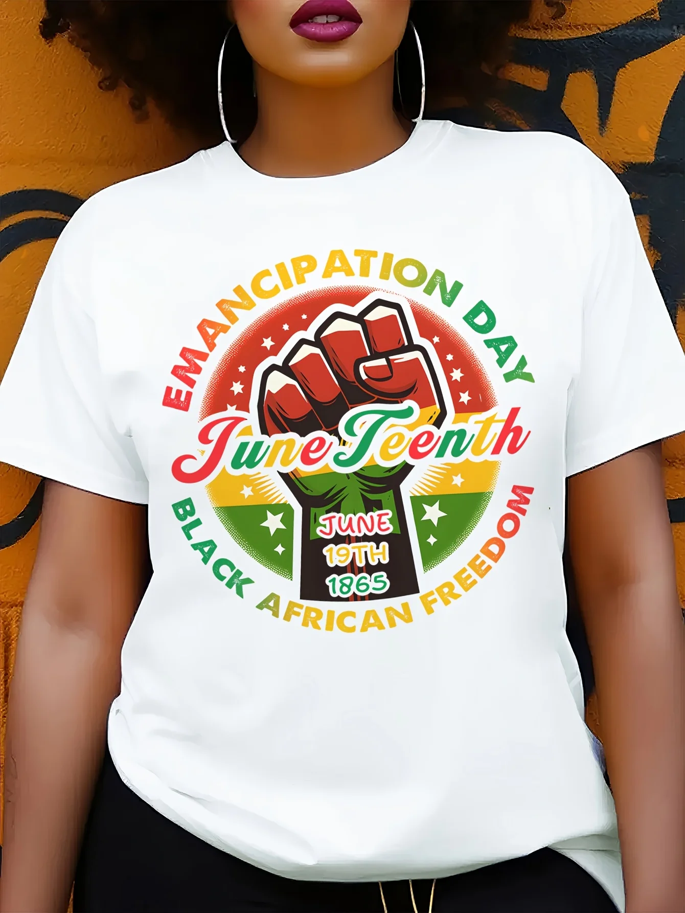 

Juneteenth Emancipation Day Women's T-Shirt - White Short Sleeve Round Neck Graphic Tee with Raised Fist