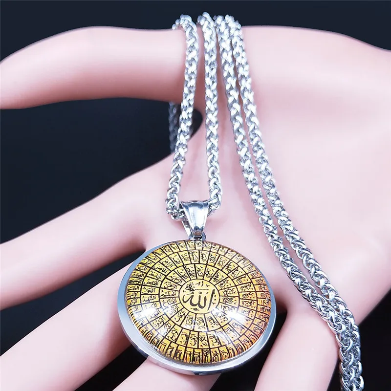 Islamic Arab Quran Allah Glass Stainless Steel Long Necklaces Men/Women Muslim Necklace Jewelry acero inoxidable joyeria N5162