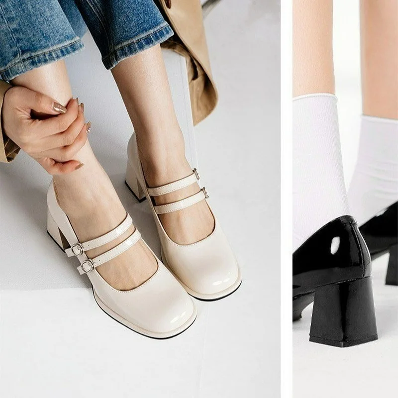 Spring Autumn Women\'s Shoes Ladies High Heels Casual Mary Janes White Square Toe Design Career and Commuting Korean Style 41-43