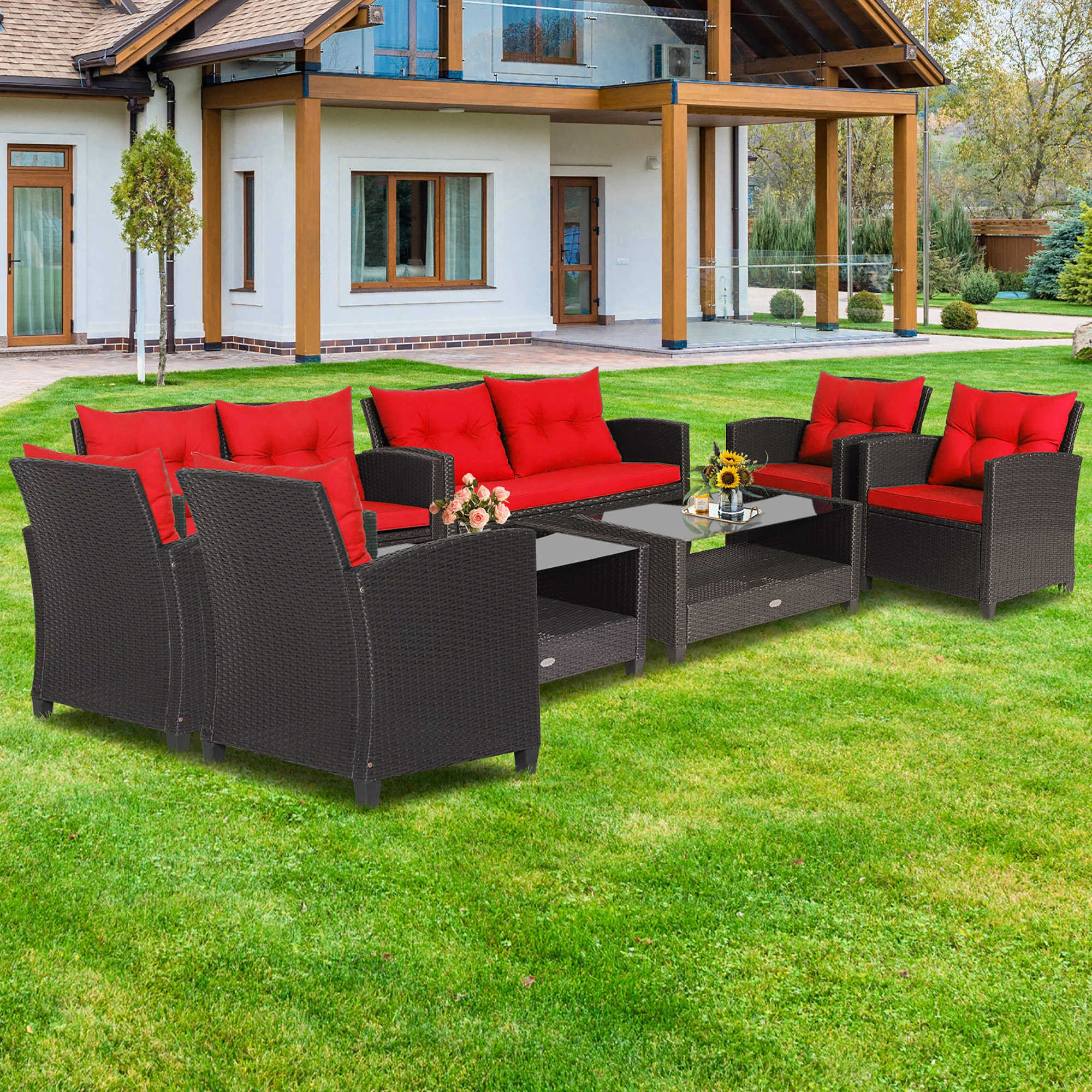 

8 PCS Patio Rattan Furniture Set Glass Table Shelf Sofa Cushion Red