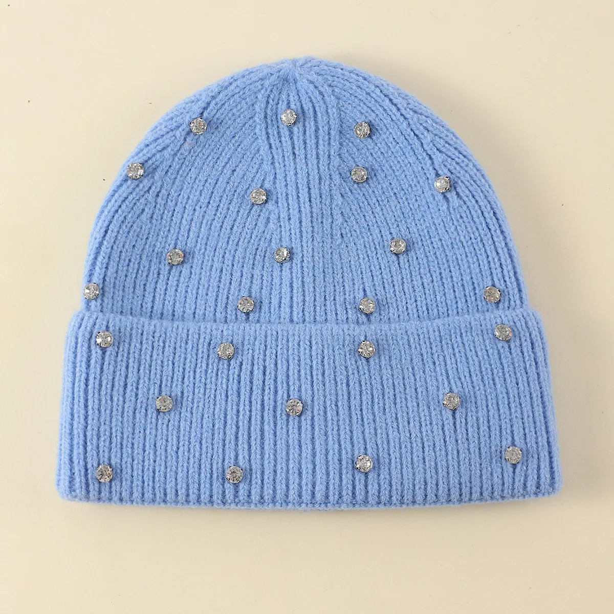 Winter Gestrickte Beanie Frauen Mode Strass Perlen Stricken Hüte Damen Casual Skullies Kappe Weibliche Einfarbig Casual Knochen – Detail 7
