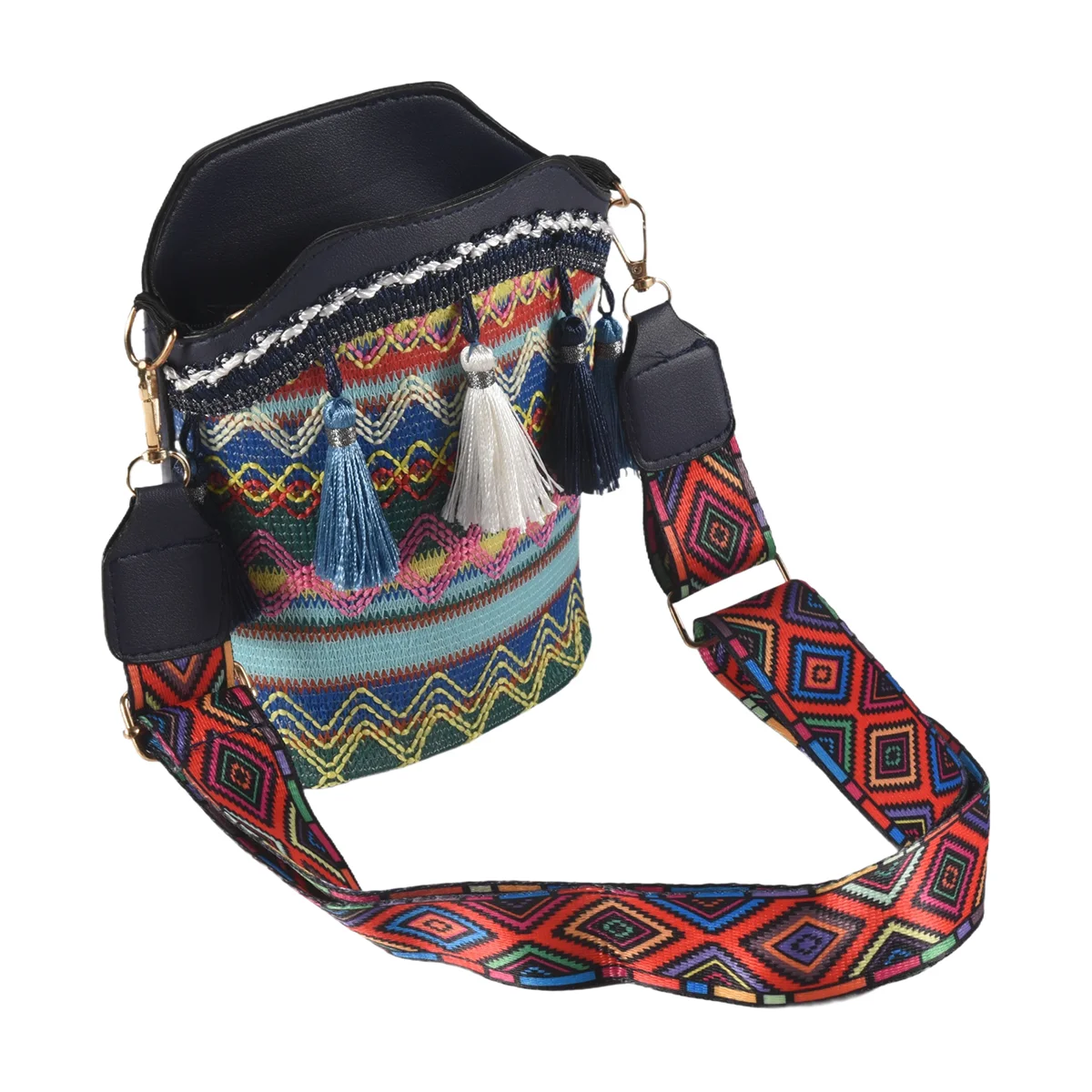 FZFZ 패션 보헤미안 민족 스타일 여성 밀짚 짠 어깨 메신저 가방 레트로 캐주얼 술 버킷 가방 네이비 블루