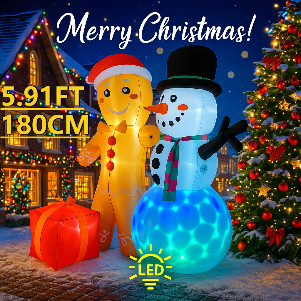 5.91FT عيد الميلاد نفخ اللعب LED الزنجبيل رجل ثلج طقم هدايا لوازم المنزل حلية احتفالية هدية عيد الميلاد ديكورات للباحة