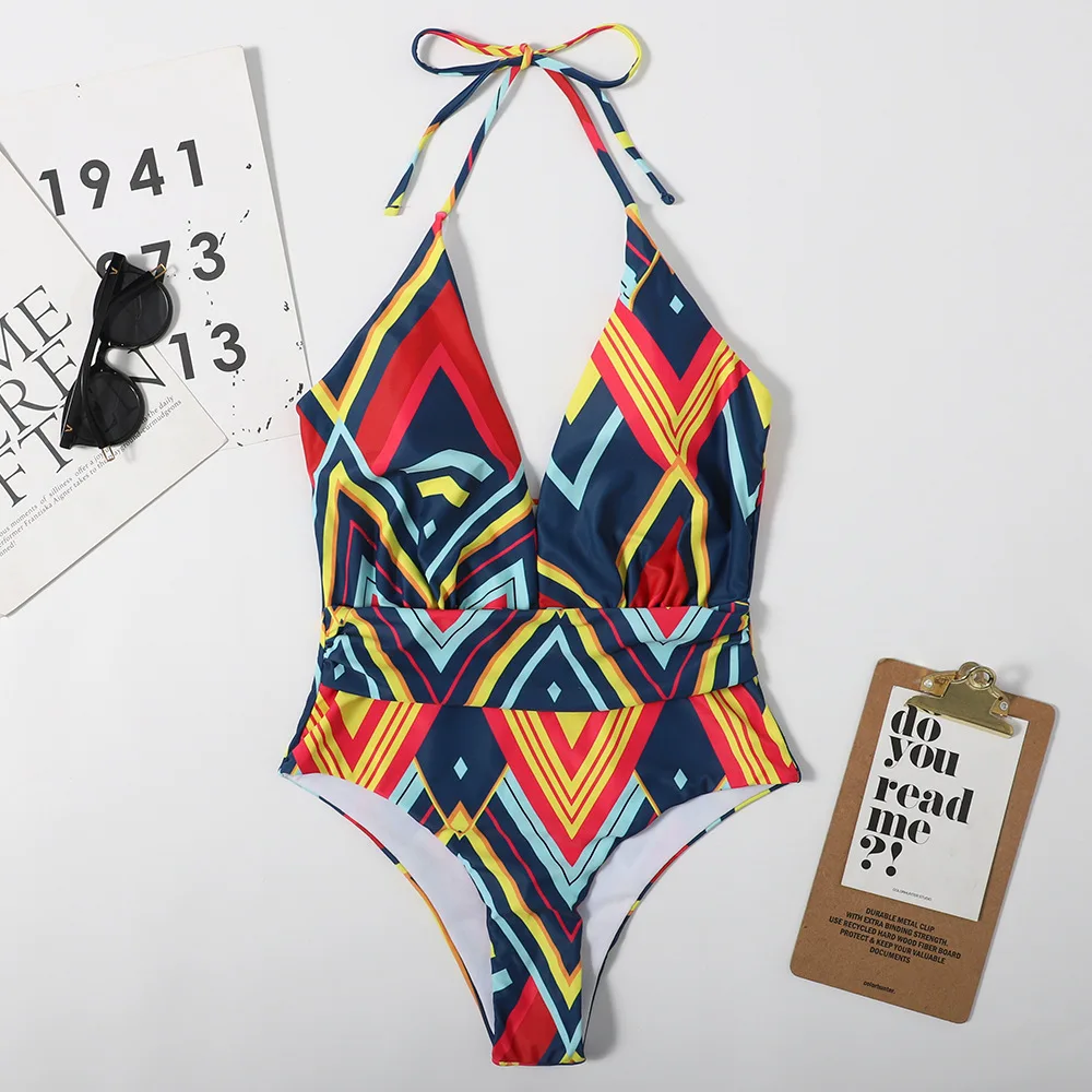 Sexy One Piece Swimsuit Bandage Halter Swimwear Women Monokini 2023 Summer Beachwear Female Vintage Boho Printing Bikini Sets