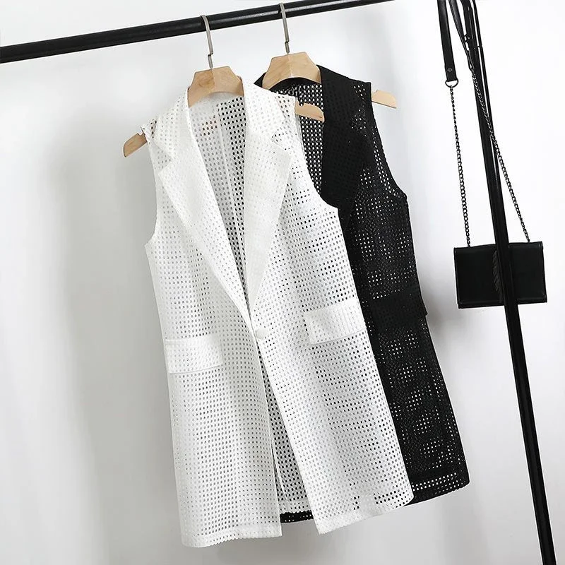 

M-3XL Vests Women Hollow Out Fashion Summer Long Style Solid Outwear Office Lady Temperament Sleeveless All-match Notched Korean