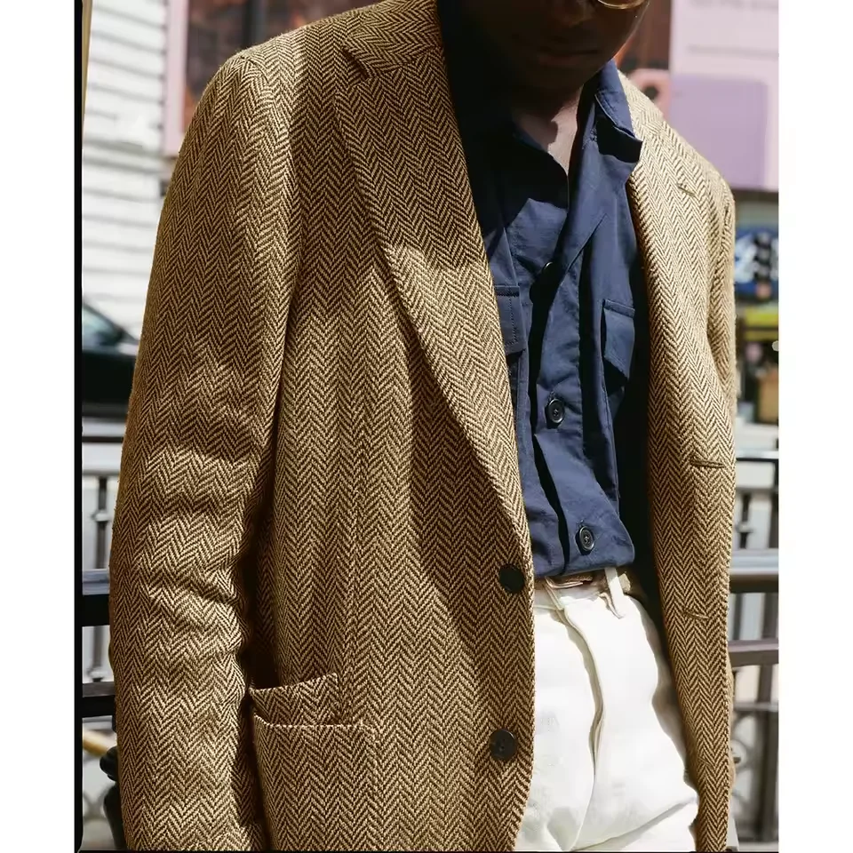 Mens Herringbone Suit Jacket Single Breasted Casual Blazer Wool Blend Fashion Tapered Slim Fit Comfortable Elegant Jacket Busine