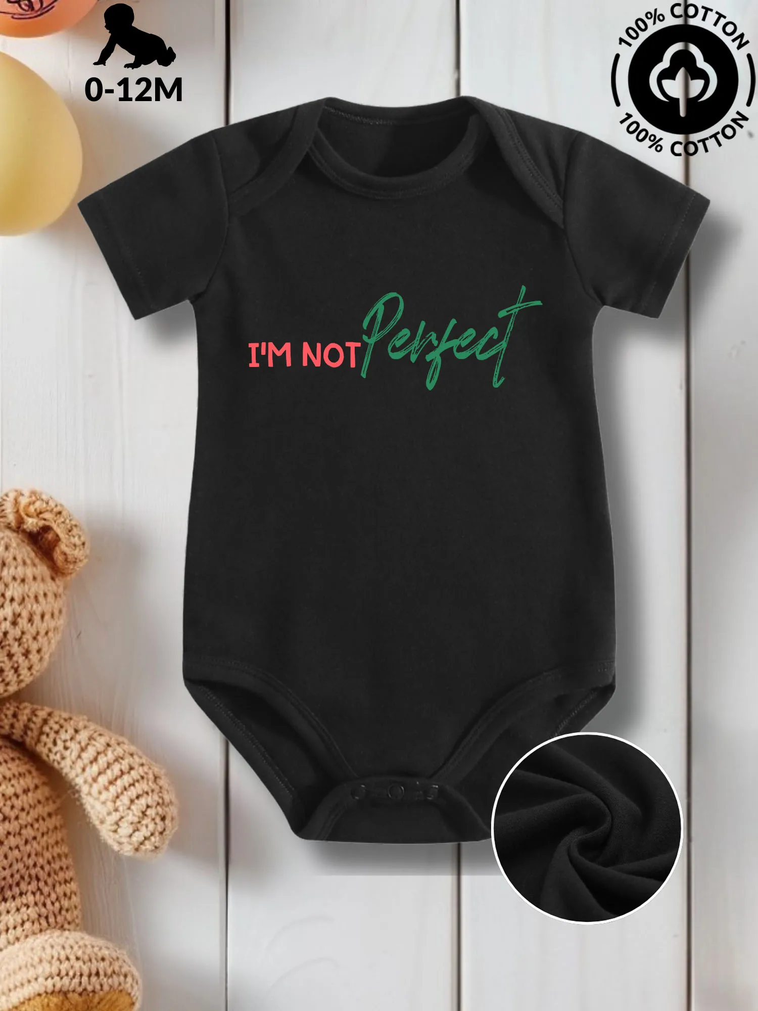 

I'm Not Perfect Unisex Baby Crawling Suit, Pure Cotton Skin Care Onesie, All-Season Wear Black Bodysuit 190GSM