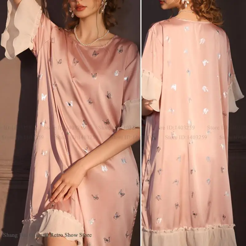 Sweet French Nightgown Homewear Mujer Young Girl Nightdress Sleepwear Princess Style Bronzing Butterfly Frill Nighty Loungewear
