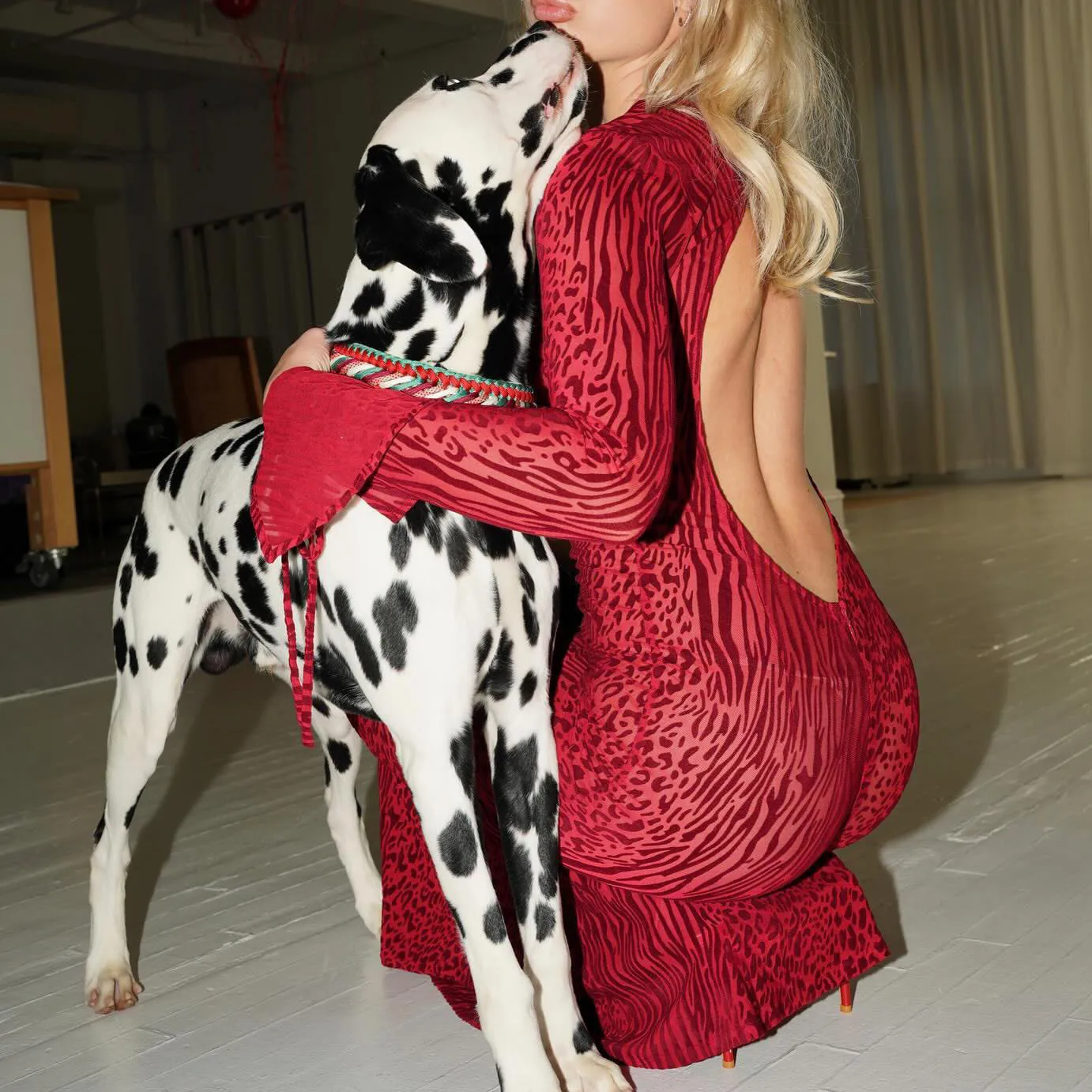 

Red Leopard Print Backless Micro-Bell-Sleeve Fishnet Dress Long Length Summer Fashion Elegant Women's Night Outwear